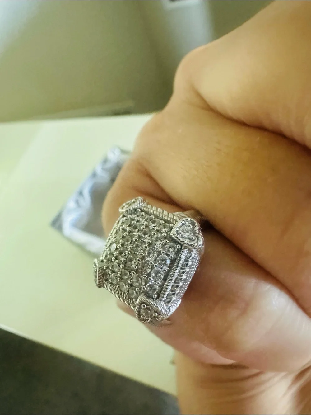 Judith Ripka Silver-Tone Pavé Square Ring with Rope Detail